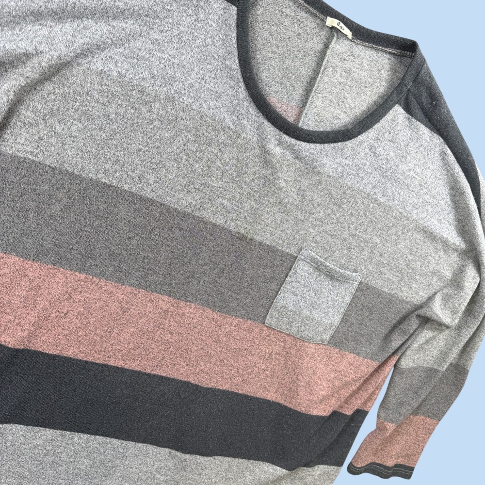 EGS Striped Top Women 2XL Grey Pink Colorblock Pocket Slouchy Soft Knit Loose